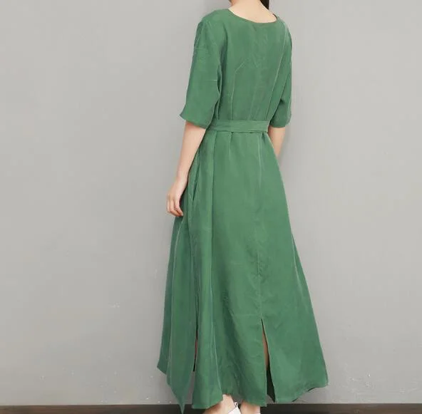 Green Linen Women Dresses Summer Dresses Women 3/4 Sleeves Dresses D9504