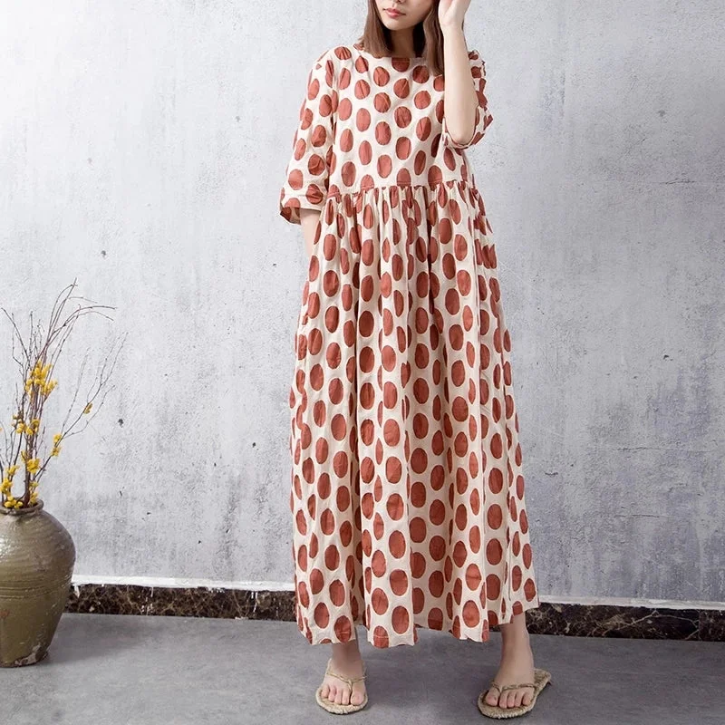 Dot Spring Linen Cotton Women Dresses CH19002