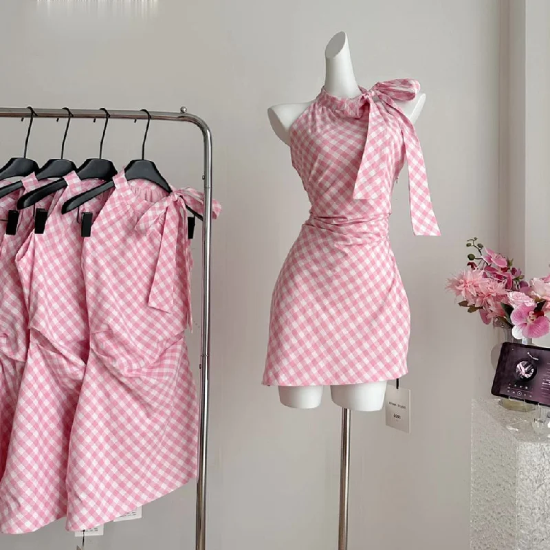 Summer pink plaid dress AP276