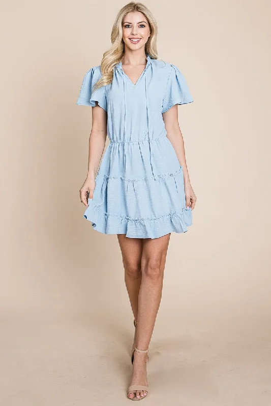 Tiered tie V neck Flutter Sleeve Flowy Tunic Dress