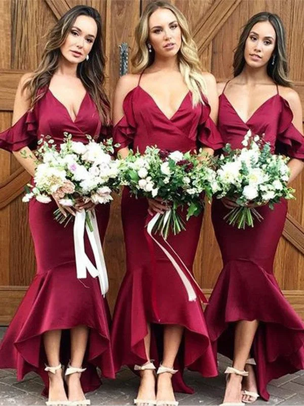 Trumpet/Mermaid  Woven Satin Ruffles Spaghetti Straps Sleeveless Asymmetrical Bridesmaid Dresses