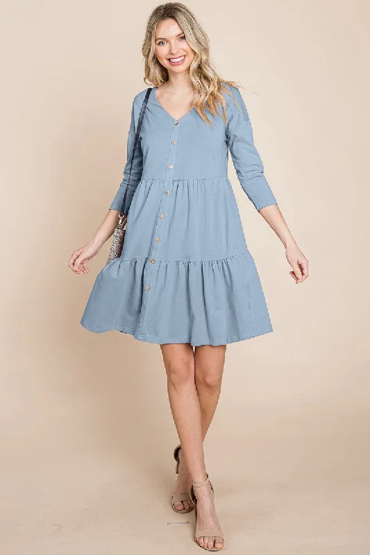 V neck Button Front Tiered Babydoll dress