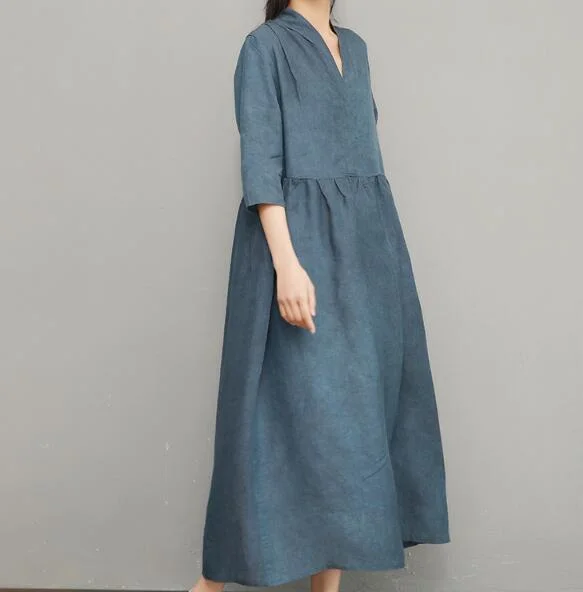 Blue Women Linen Silk Dresses Summer Dresses Women 3/4 Sleeve Dresses D9504