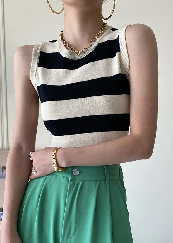 Black Striped Cozy Knit Tank O Neck Summer AF1050