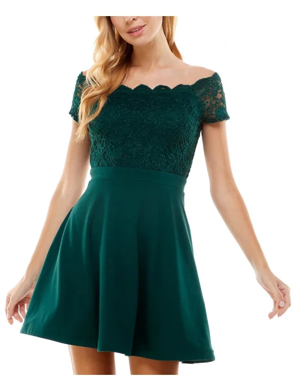 CITY STUDIO Womens Green Scalloped Pocketed Corset-laced Back Zippered Short Sleeve Off Shoulder Short Party Fit + Flare Dress