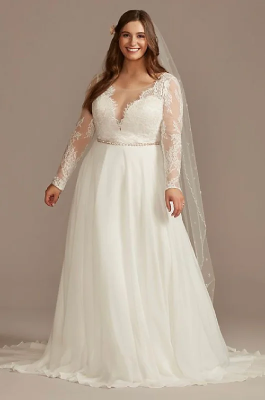 David's Bridal Long Sleeve Plunge Lace Chiffon Wedding Dress STYLE#WG4035