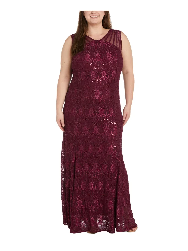 R&M RICHARDS WOMAN Womens Burgundy Sequined Lace Zippered Lined Padded Sleeveless Scoop Neck Full-Length Evening Gown Dress