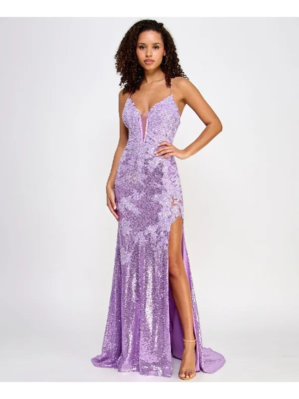 SAY YES TO THE PROM Womens Purple Slitted Sequined Lace Lined Lace Up Open Back Zip Spaghetti Strap V Neck Full-Length Formal Gown Dress