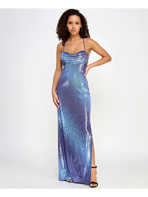 VIOLET WEEKEND Womens Blue Sequined Slitted Lined Zippered Lace Up Back Ombre Spaghetti Strap Cowl Neck Full-Length Formal Gown Dress