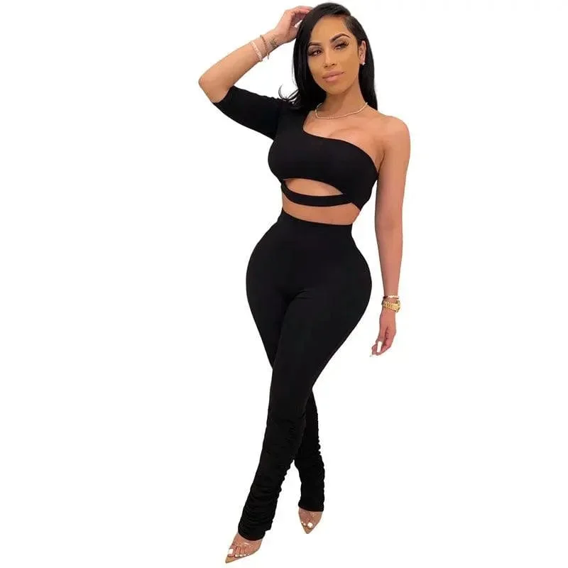 Women fashion two piece design stacked pants set