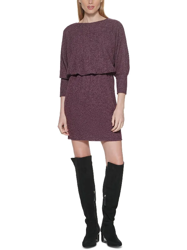 Womens Ribbed Knit Blouson Sweaterdress