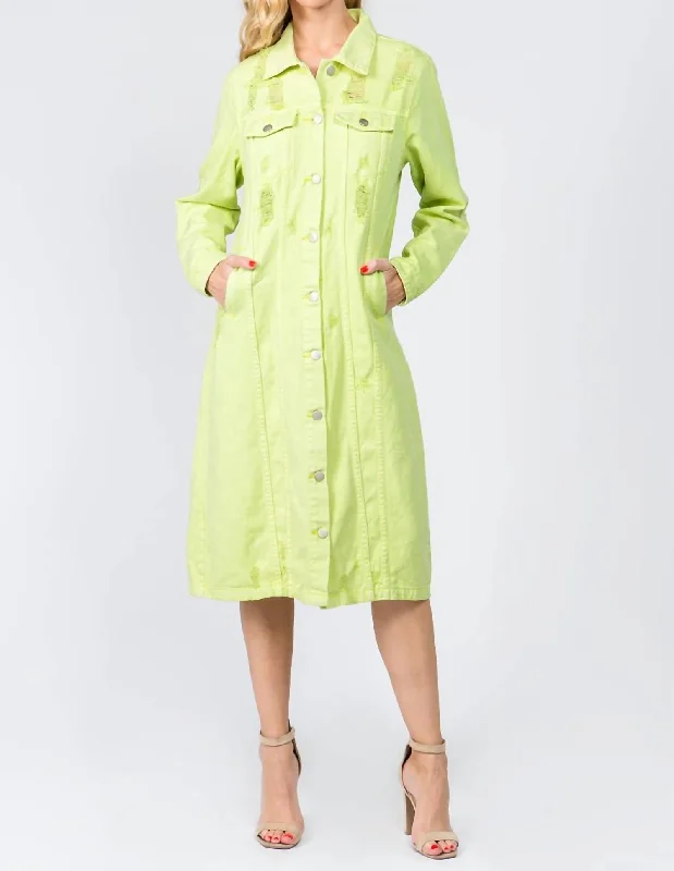 Chic Distressed Denim Button-Up Dress In Lime