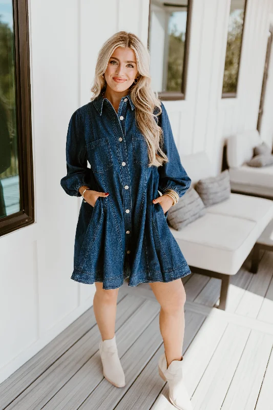 Dark Denim Collared Button Up Pocket Dress