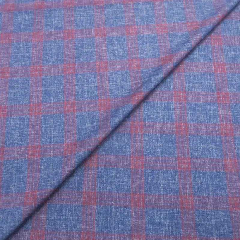 Denim Blue and Red Plaid Windowpane Wool & Silk Dorsilk Dormeuil Fabric