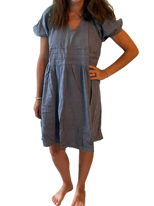 Puff Sleeves And Back Tie Dress In Denim