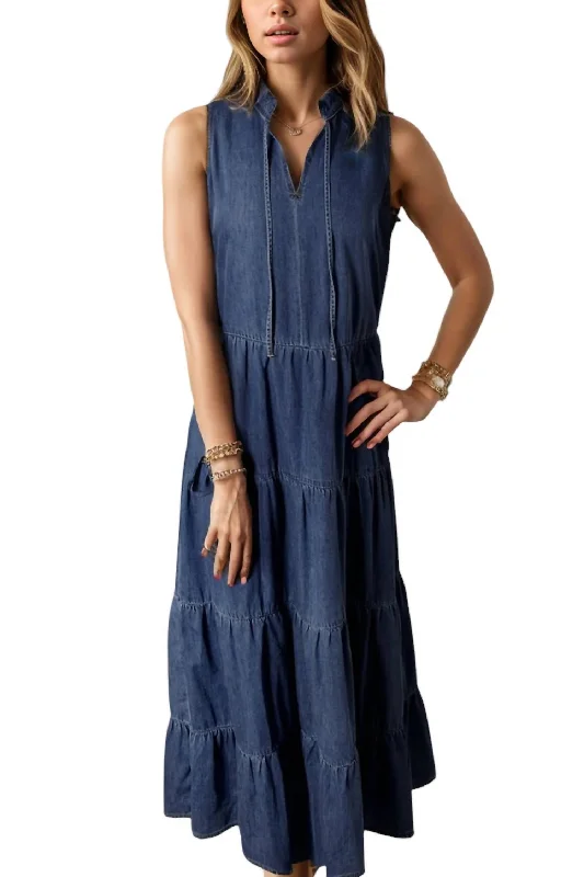 Tie Neck Denim Dress In Dark Wash