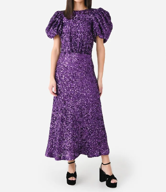 Sequins Puff Sleeve Dress In Purple Magic