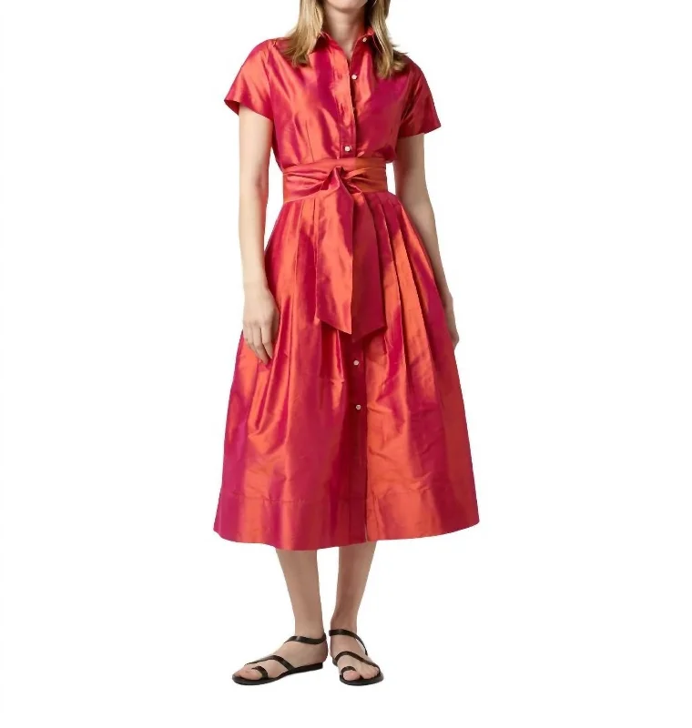 Short Sleeved Classic Shirtwaist Dress In Tomato